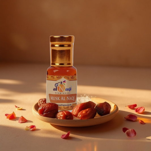 Bottle of Musk Al Naqi on a plate with dates and petals on a warm-toned background