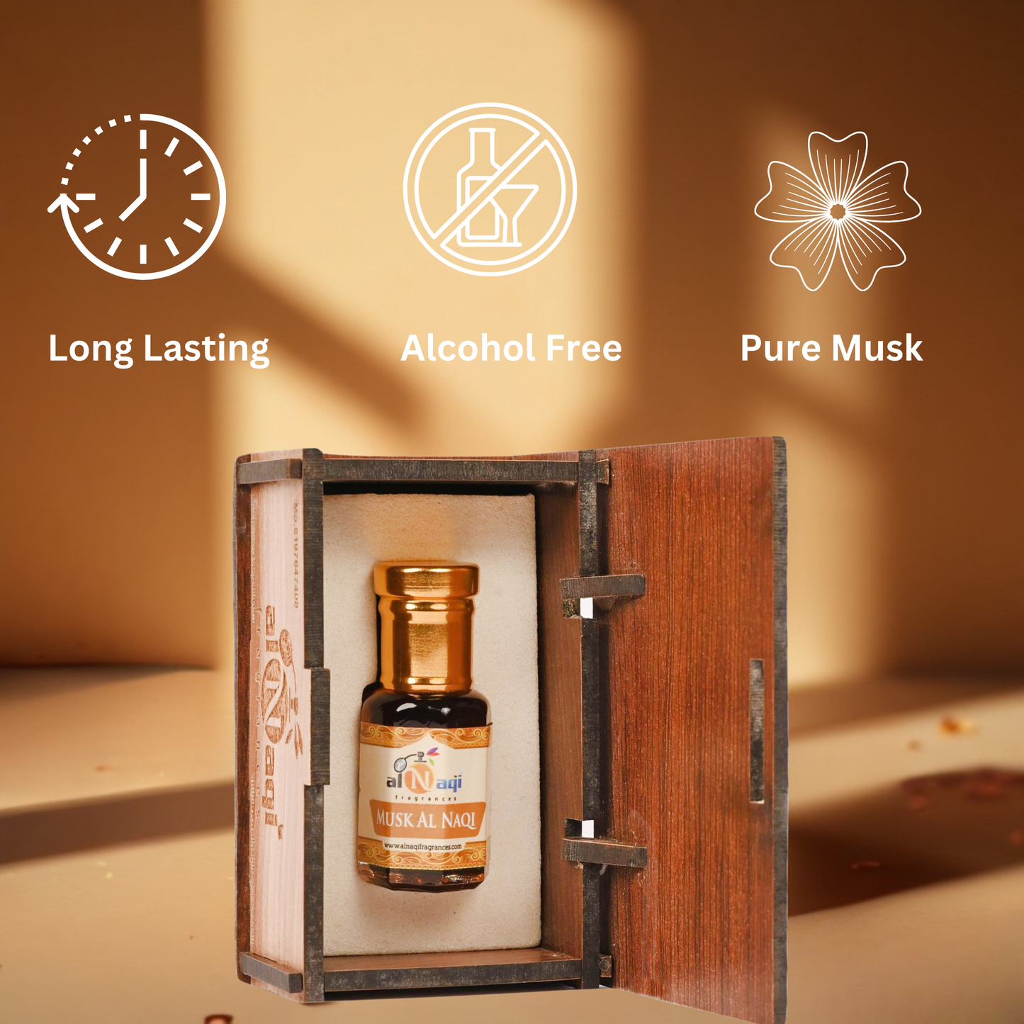 Vial of perfume in a wooden box with 'Long Lasting', 'Alcohol Free', and 'Pure Musk' features displayed.