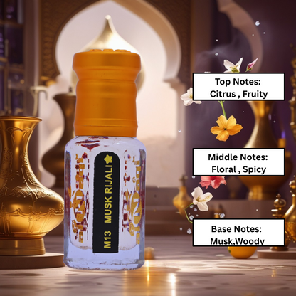 M13 Musk Rijali perfume bottle with notes displayed against a decorative background