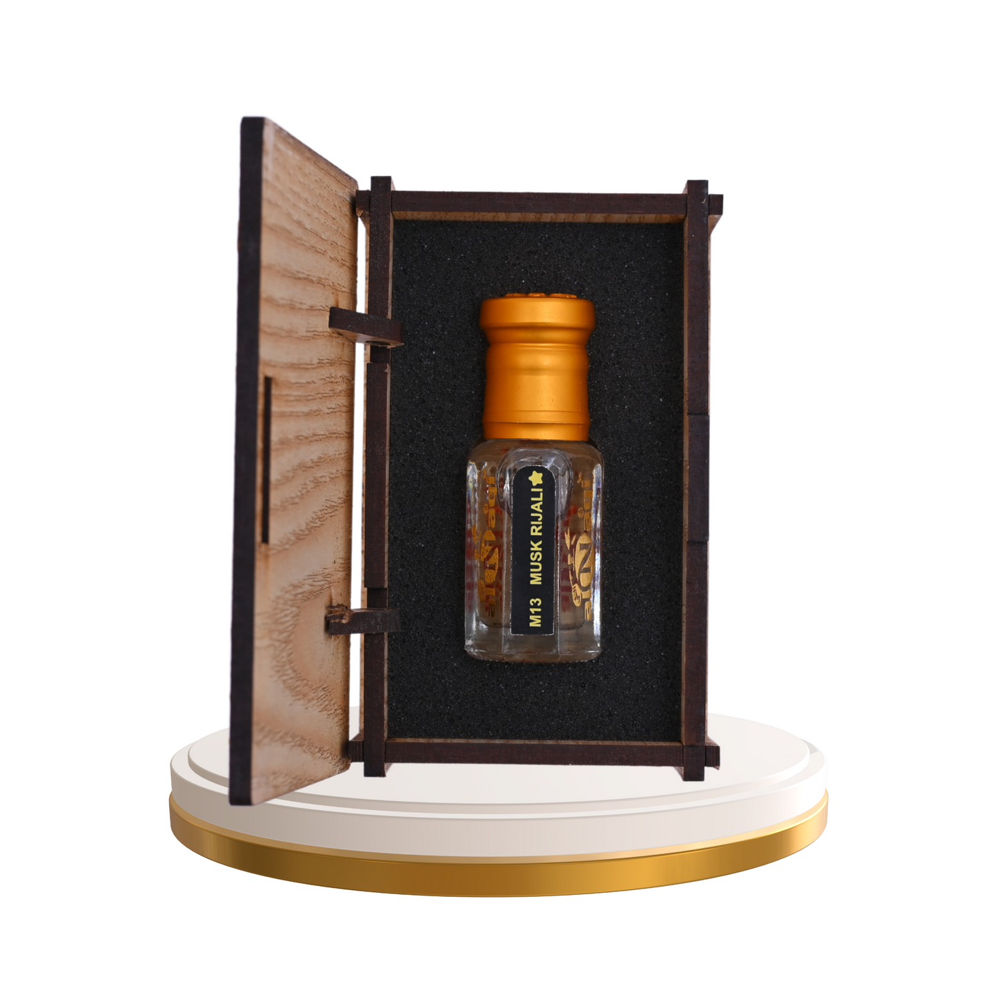 Perfume bottle in a wooden and black box on a white background