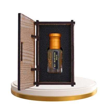 Perfume bottle in a wooden display case on a white background