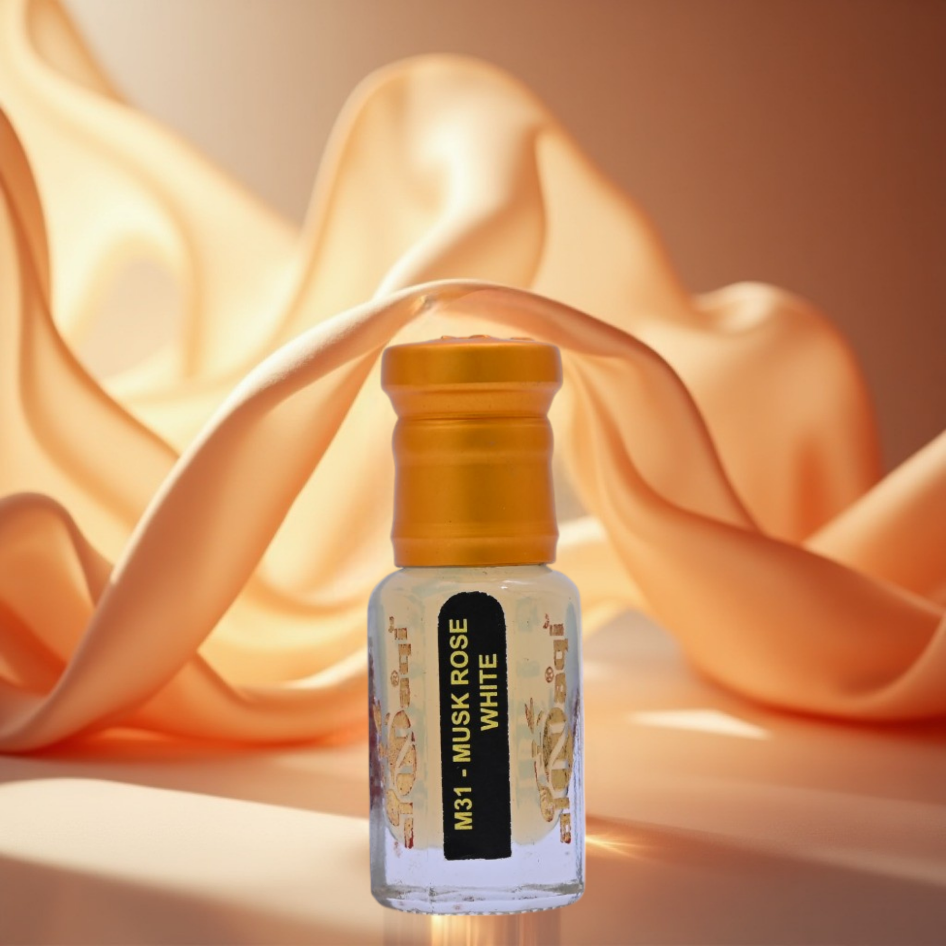 Small bottle of M31 Musk Rose White perfume with a gold cap on a soft fabric background