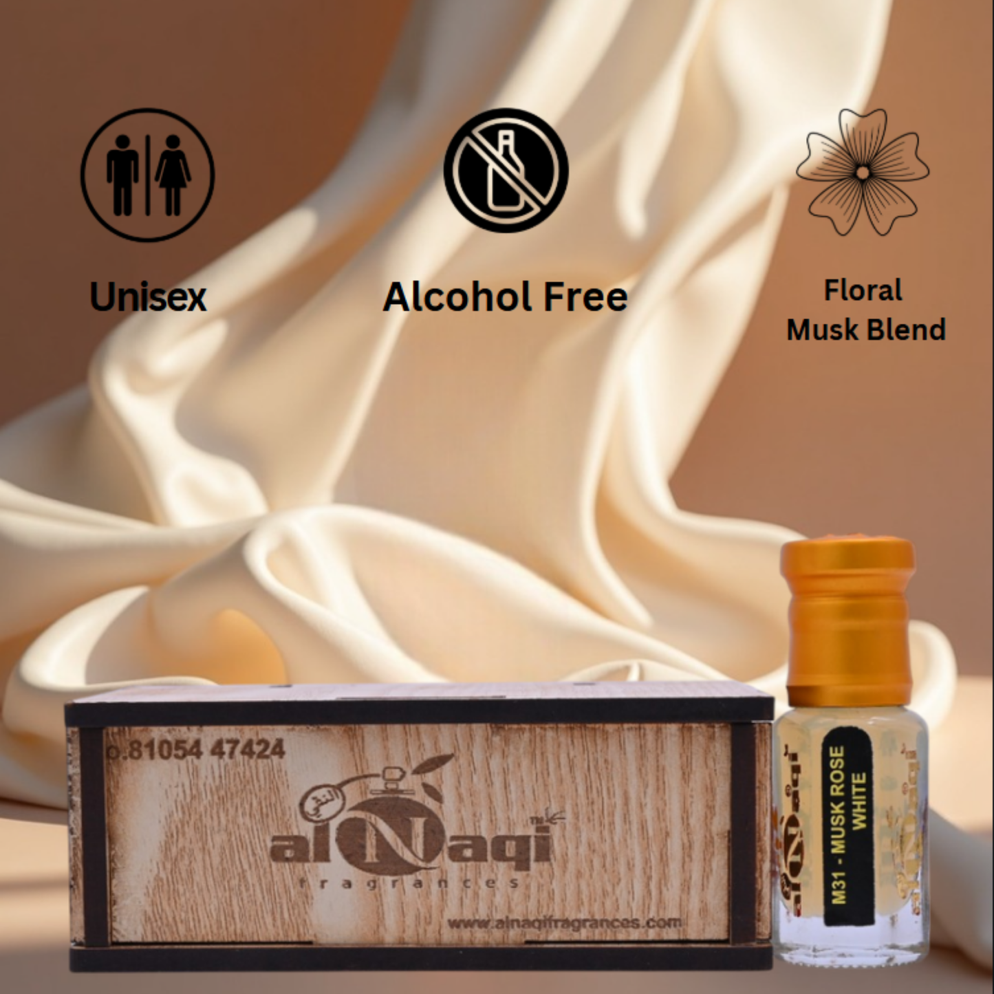 Alcohol-free floral musk blend perfume bottle with packaging on a beige fabric background