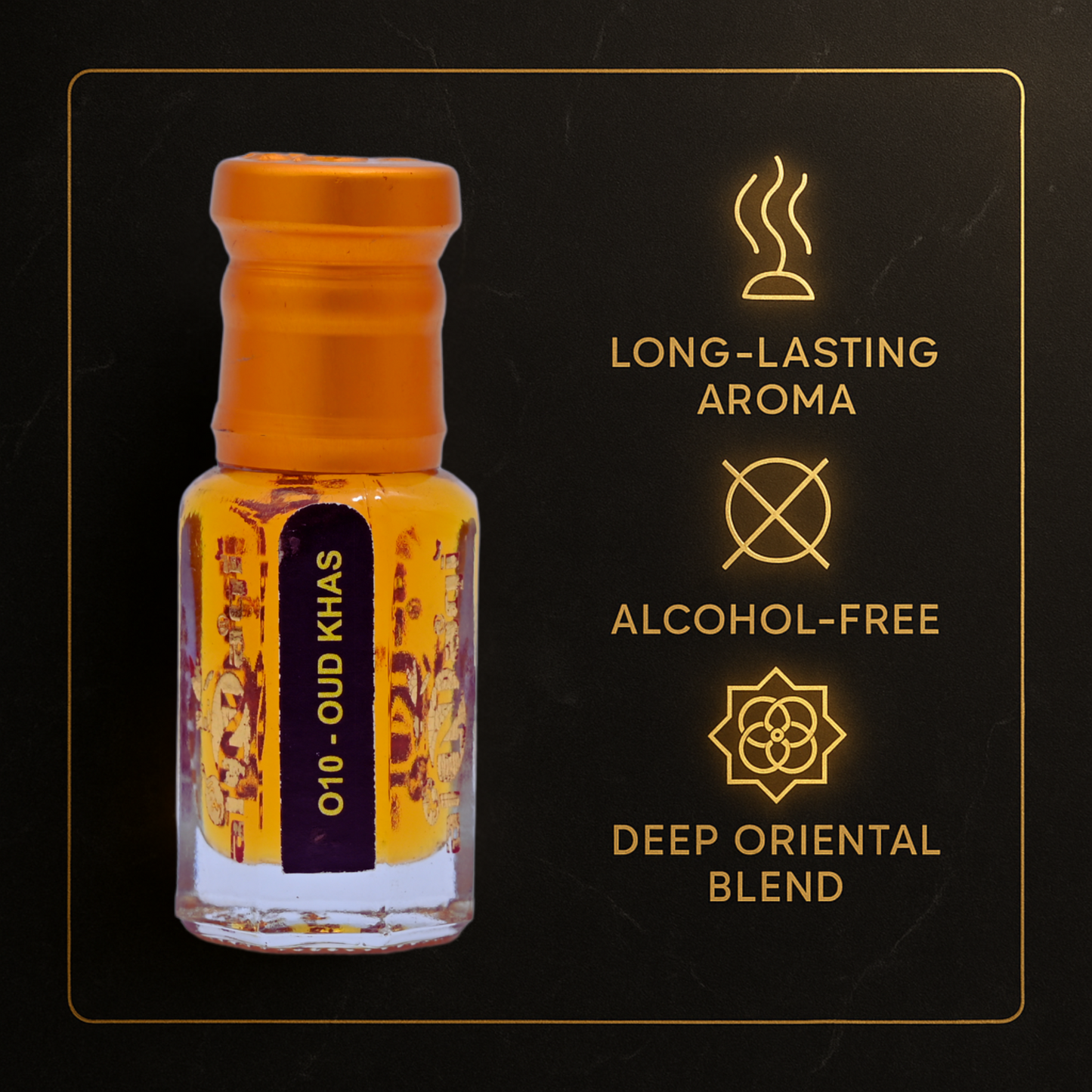 Small bottle with orange cap on a black background with text about product features.