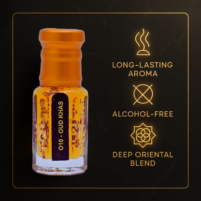 Small bottle with orange cap on a black background with text about product features.