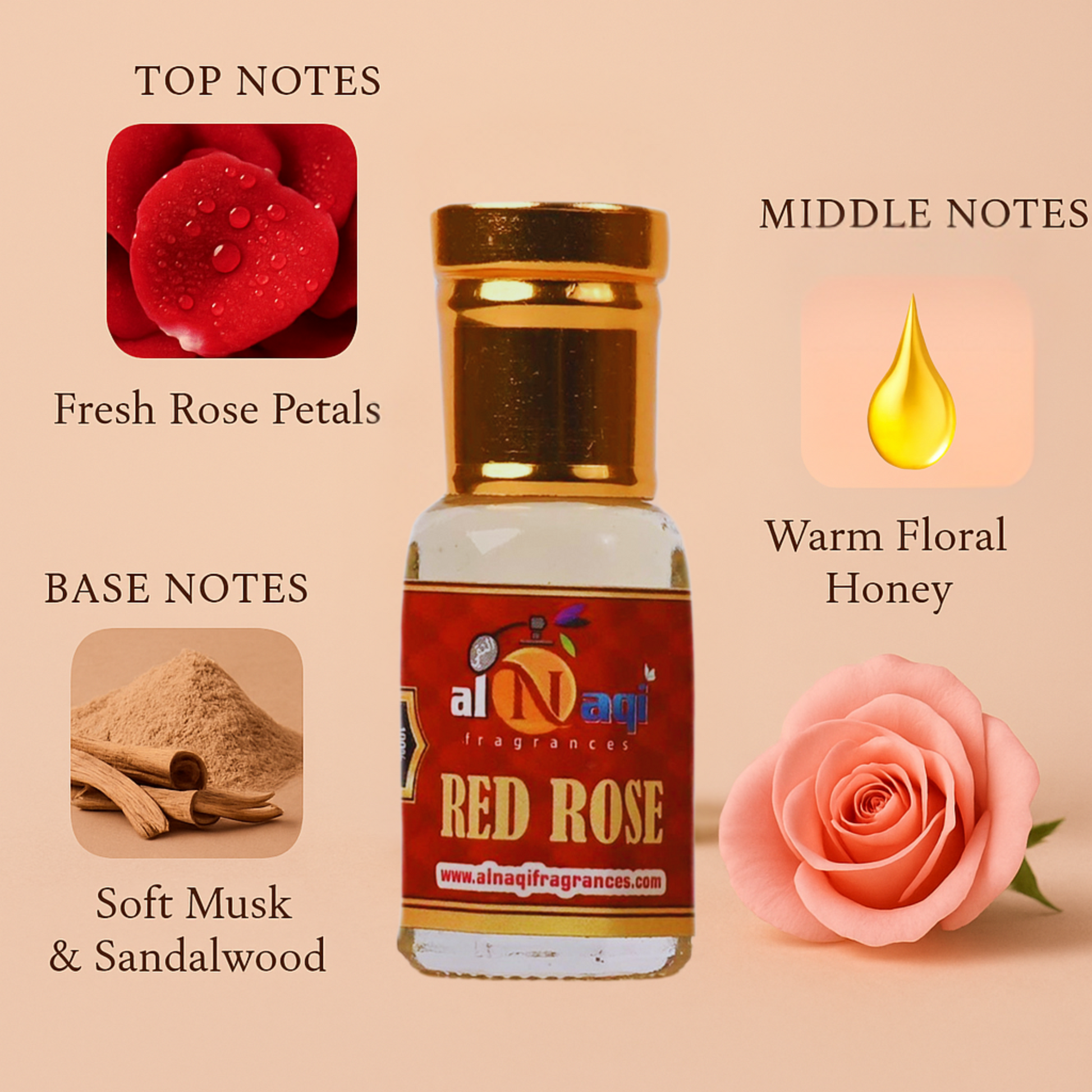 Al-Naqi Fragrances Red Rose perfume bottle with notes description on a beige background