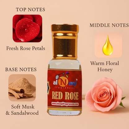 Al-Naqi Fragrances Red Rose perfume bottle with notes description on a beige background