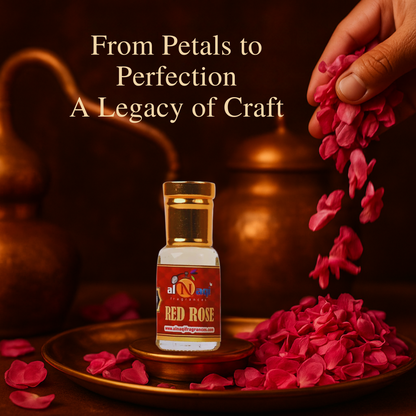 Bottle of Red Rose oil with rose petals on a dark background, featuring the text 'From Petals to Perfection: A Legacy of Craft'.