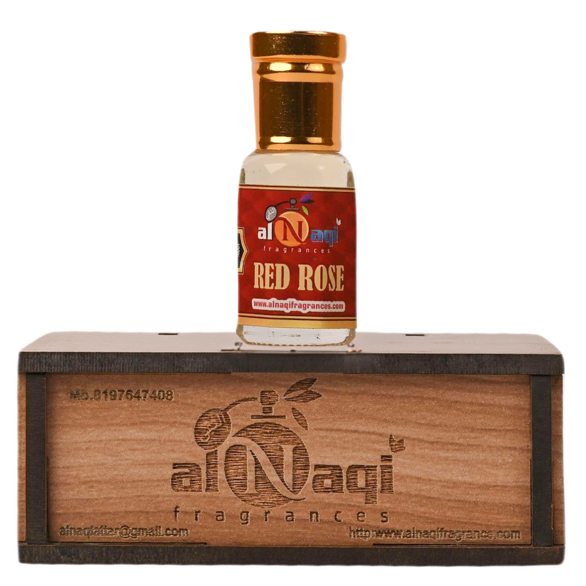 Small bottle of red rose perfume on a wooden stand with 'al Naqi' branding.