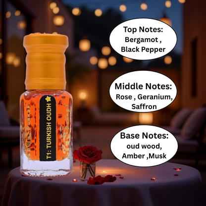 Turkish oudh bottle with notes displayed on a blurred outdoor background