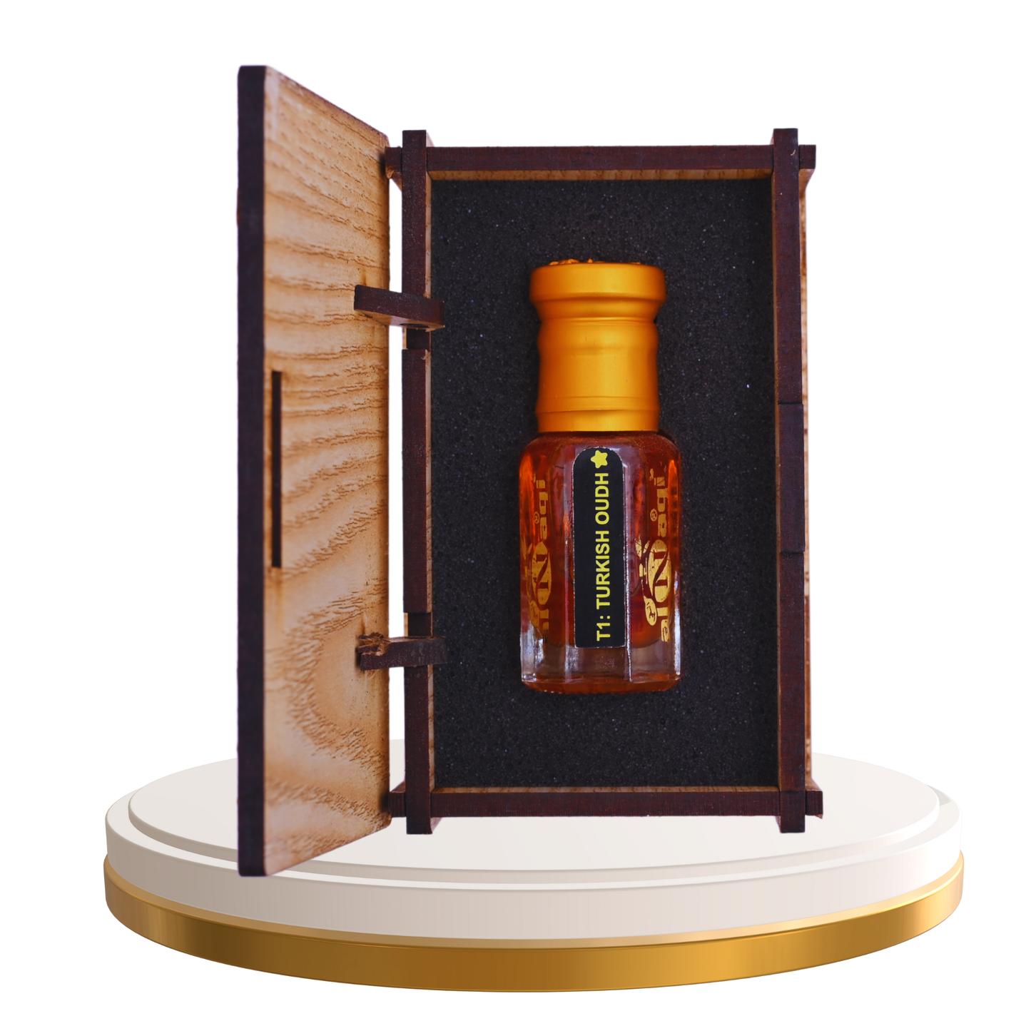 Bottle of Turkish oudh in a wooden and marble display case on a white background