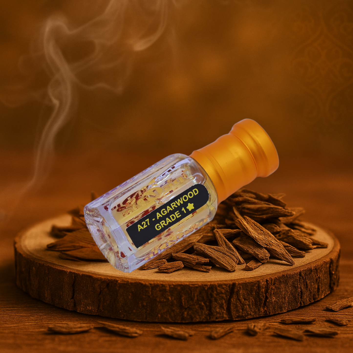 Agarwood stick with a bottle labeled 'A27 Agarwood Grade 1' on a wooden surface with smoke in the background.