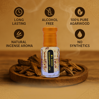 Bottle of agarwood oil with features listed on a wooden background