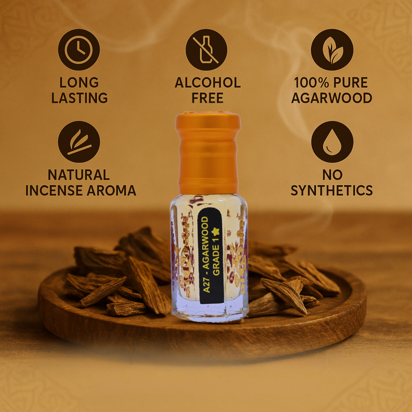 Bottle of agarwood oil with features listed on a wooden background