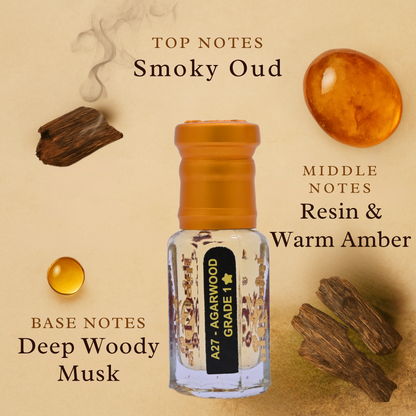 Vial of Agarwood Grade 1 oil with notes displayed on a beige background