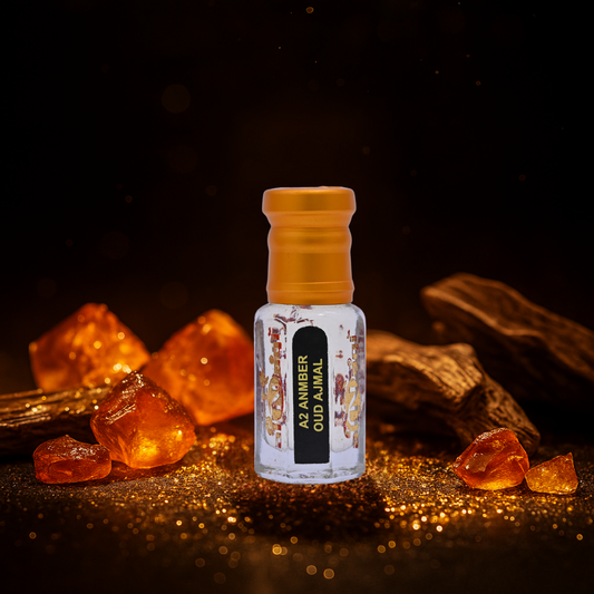 Glass perfume vial showcasing rich amber-colored oil