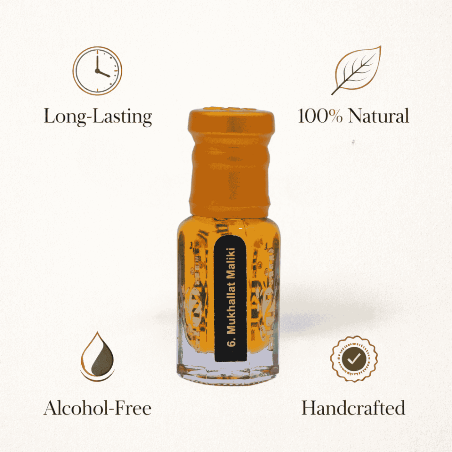 Stylish packaging of Mukhallat Maliki attar with decorative design
