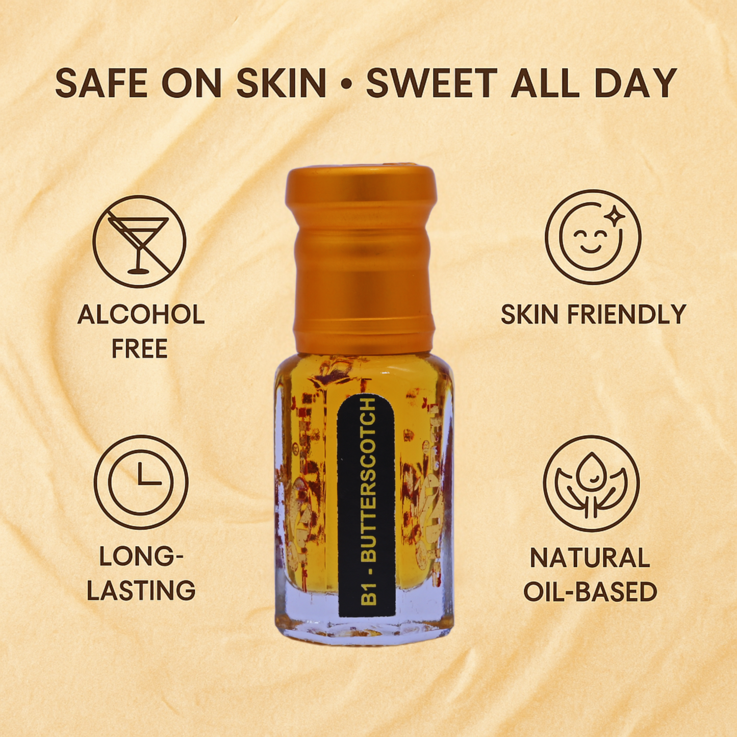 Butterscotch-scented oil bottle with safety and feature icons on a beige background