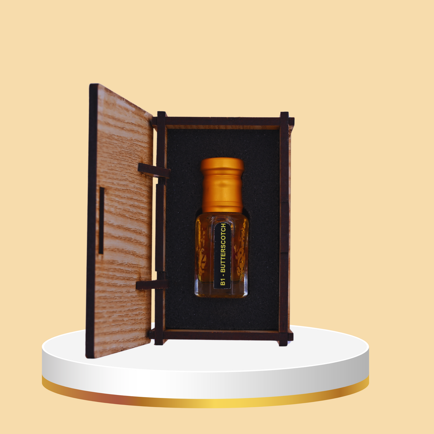 Bottle of B1 Butterscotch in a wooden box on a beige background