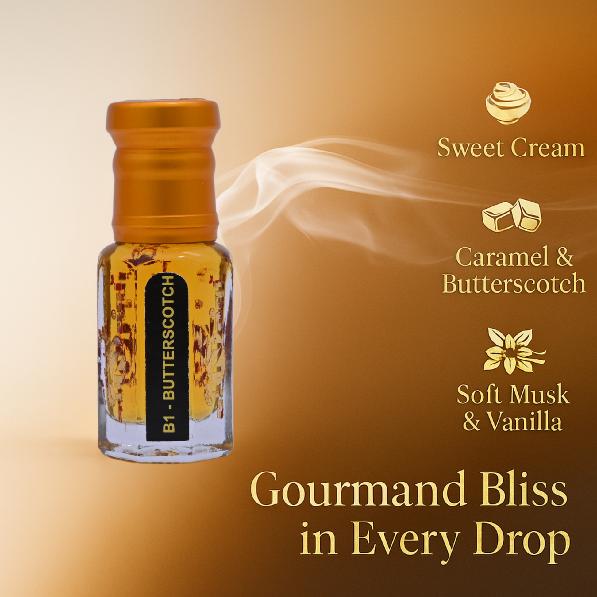 Bottle of B1-Butterscotch perfume with smoke effect on a warm background and ingredients of it.