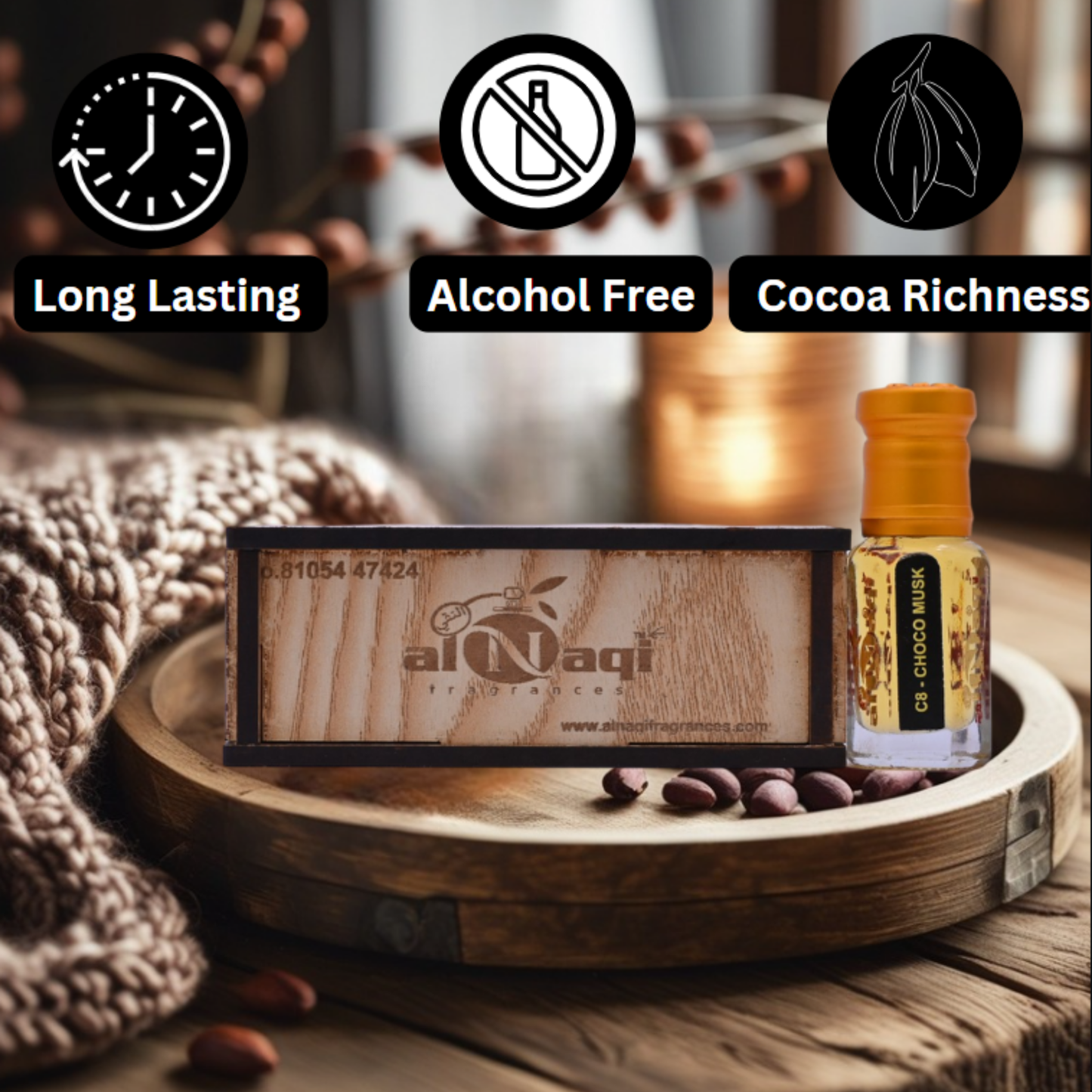 alNaqi perfume bottle with wooden packaging on a wooden tray, surrounded by coffee beans.