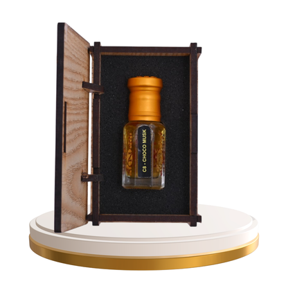 Choco Musk Perfume bottle in a wooden display case on a white background