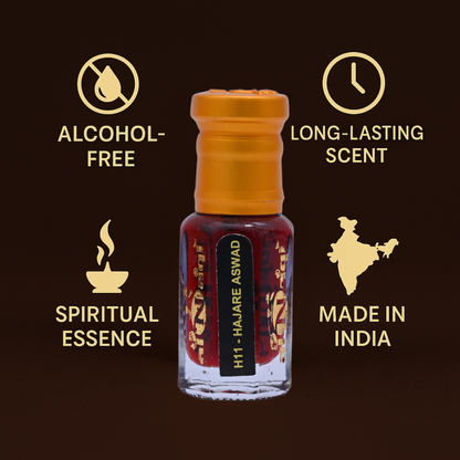Hajare Aswad perfume bottle with features on a dark background