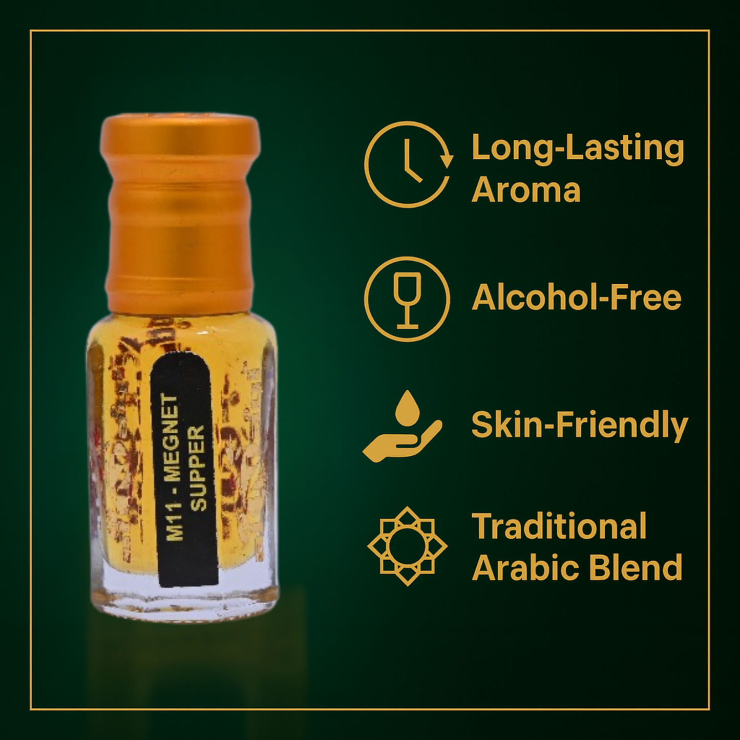 Small bottle with an orange cap on a green background, featuring text about product attributes.