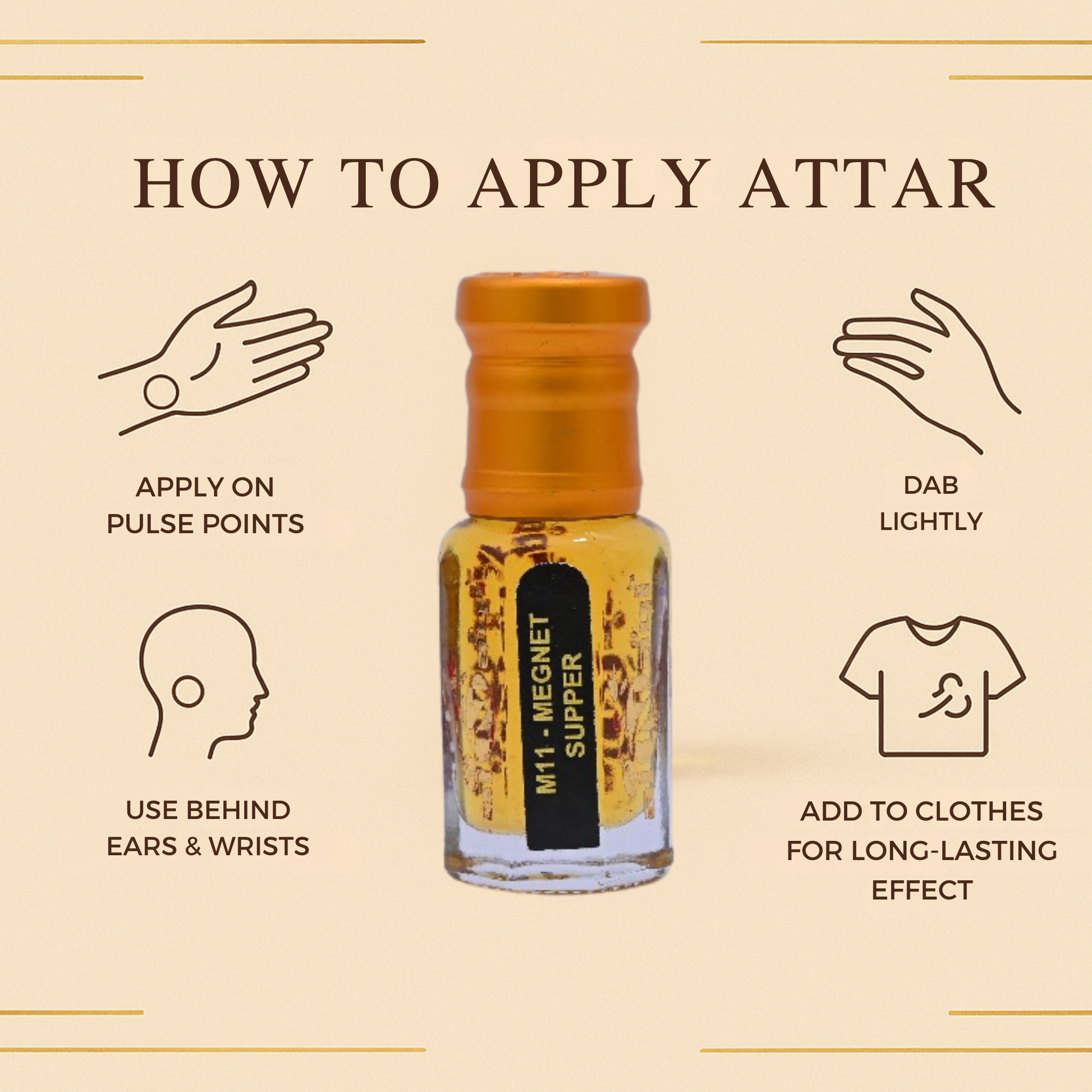 Instructions on how to apply attar with a bottle of attar in the center.
