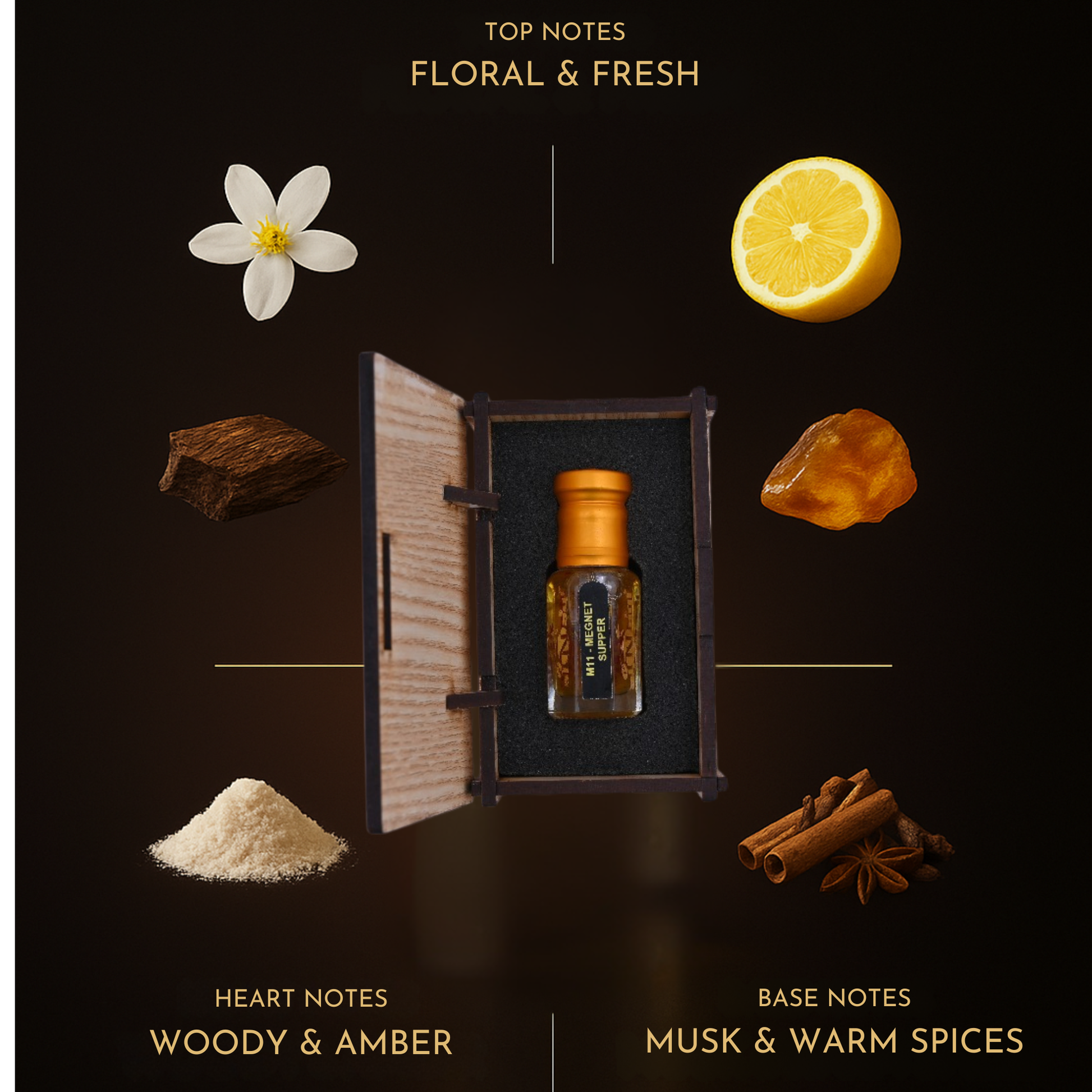 A bottle of perfume surrounded by floral, fresh, woody, amber, musk, and warm spices on a dark background.