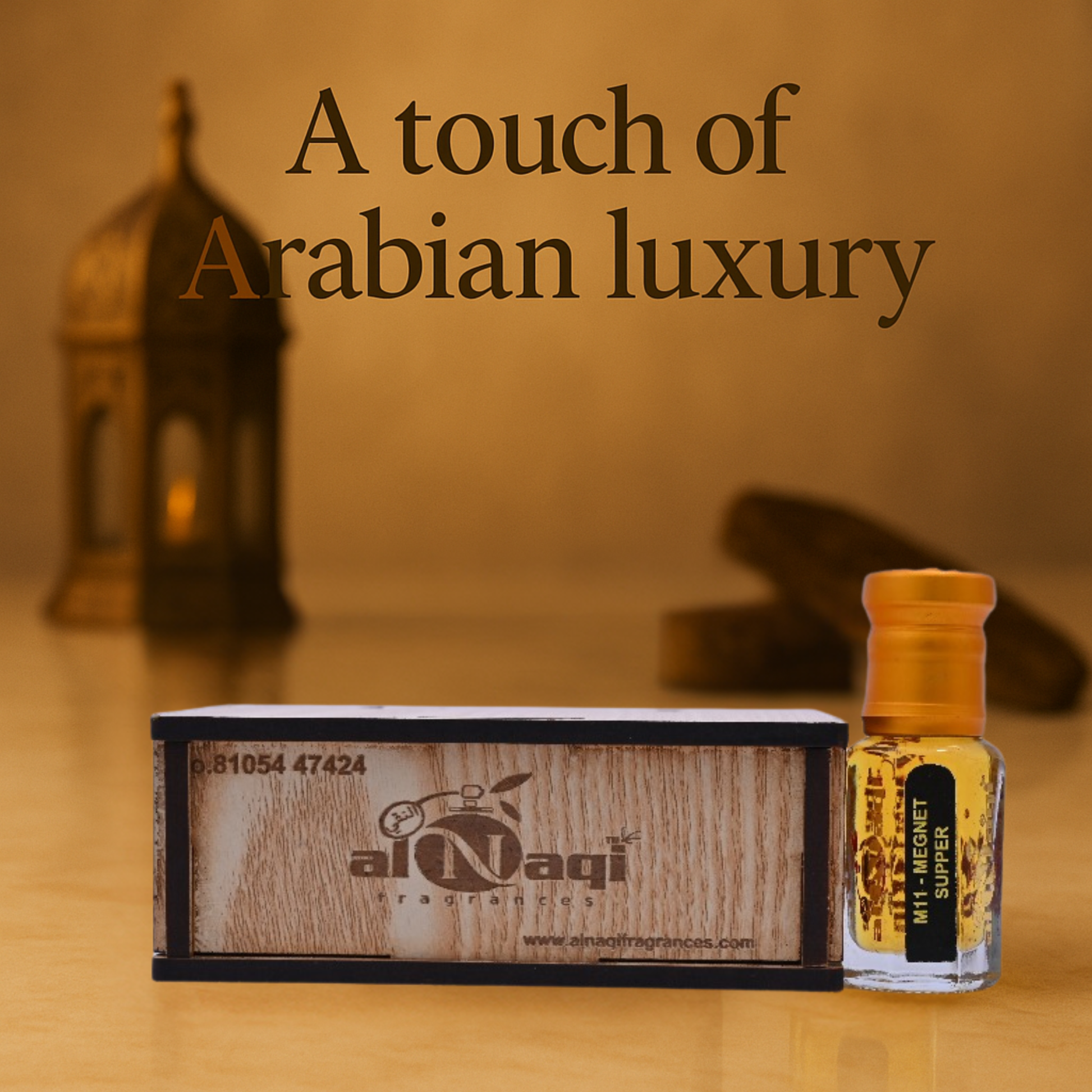 alNaqi perfume bottle and packaging with 'A touch of Arabian luxury' text on a warm-toned background.