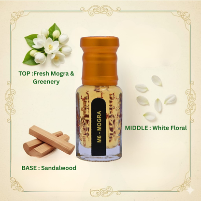 Authentic mogra attar featuring fresh jasmine floral notes in traditional