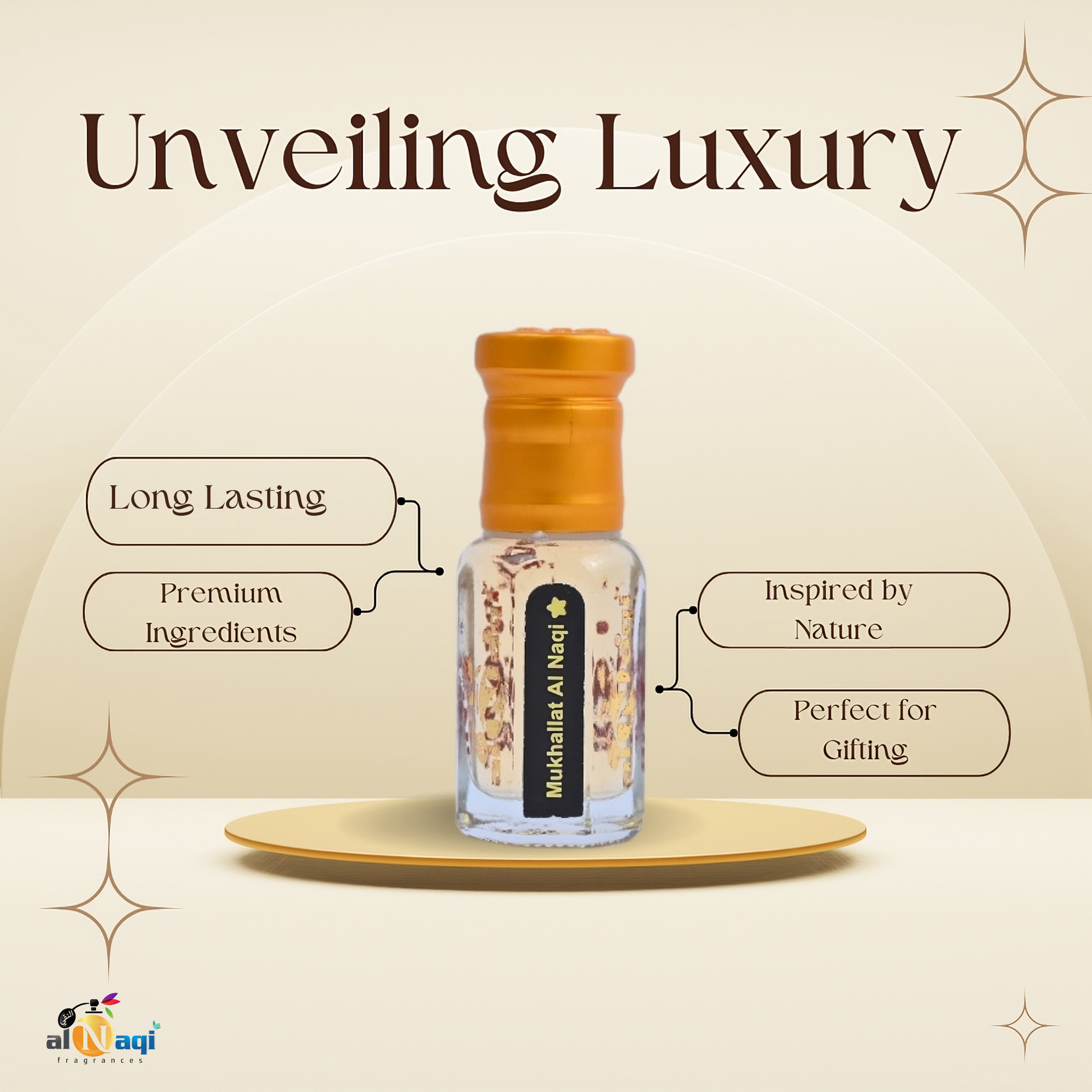 Perfume bottle with gold cap on a beige background, featuring text about luxury and quality.