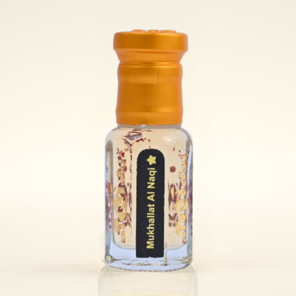 Small glass bottle with a gold cap on a beige background