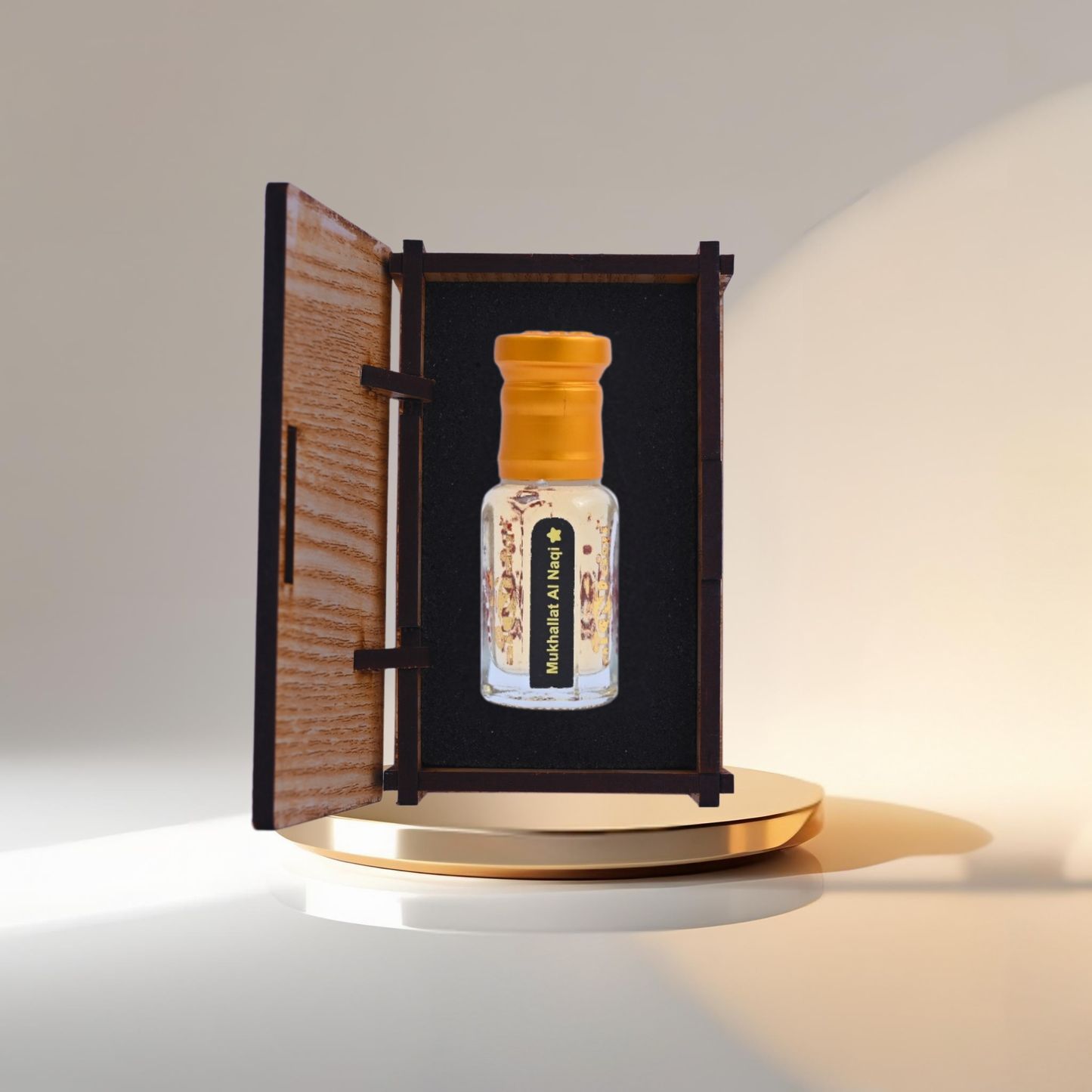 Small bottle with a wooden cap inside an open wooden box on a white surface.