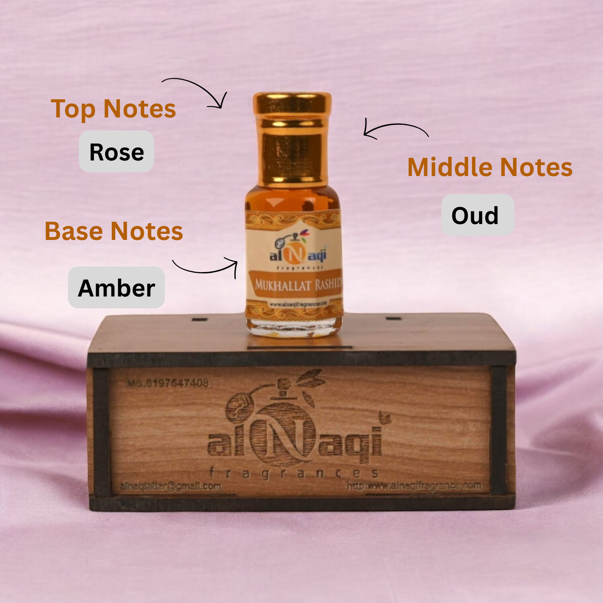 AlNaqi fragrance bottle on a wooden stand with notes labels on a pink background
