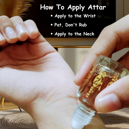 Person applying attar to the wrist with text on how to apply it.