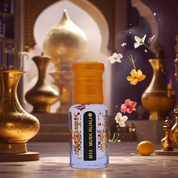 M13 Musk Rijali perfume bottle with decorative background