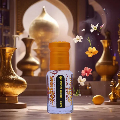 M13 Musk Rijali perfume bottle with decorative background