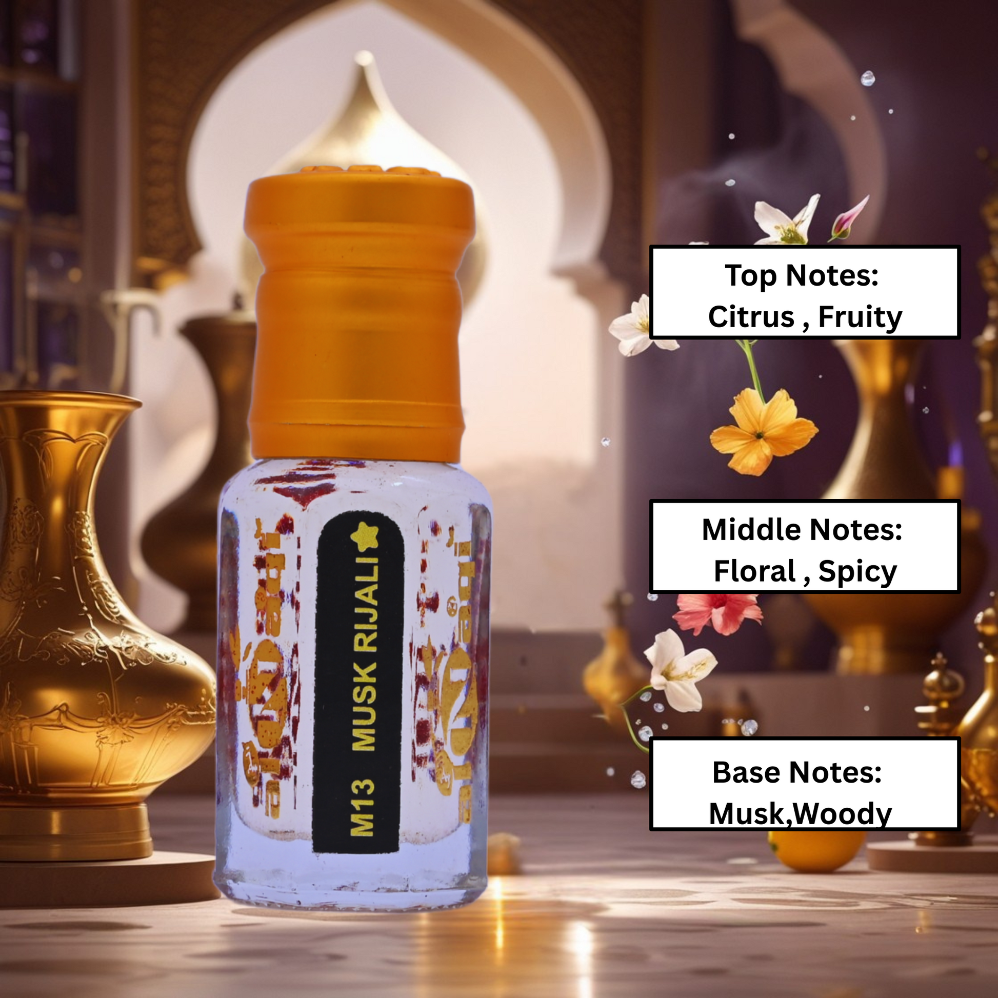 M13 Musk Rijali perfume bottle with notes displayed against a decorative background