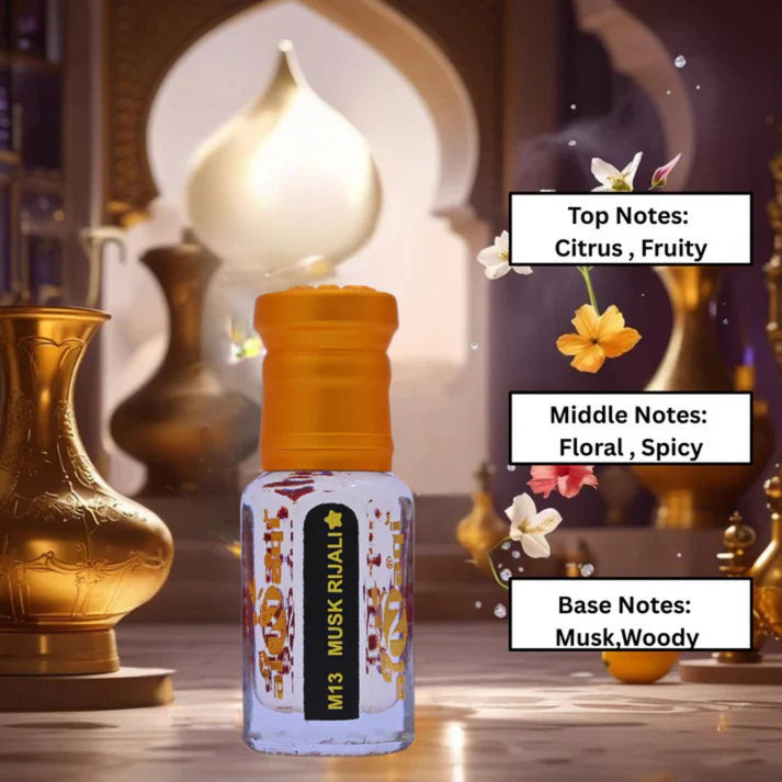 M13 Musk Rijali perfume bottle with notes displayed against a decorative background