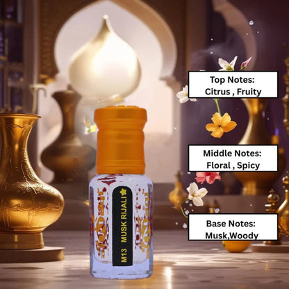 M13 Musk Rijali perfume bottle with notes displayed against a decorative background