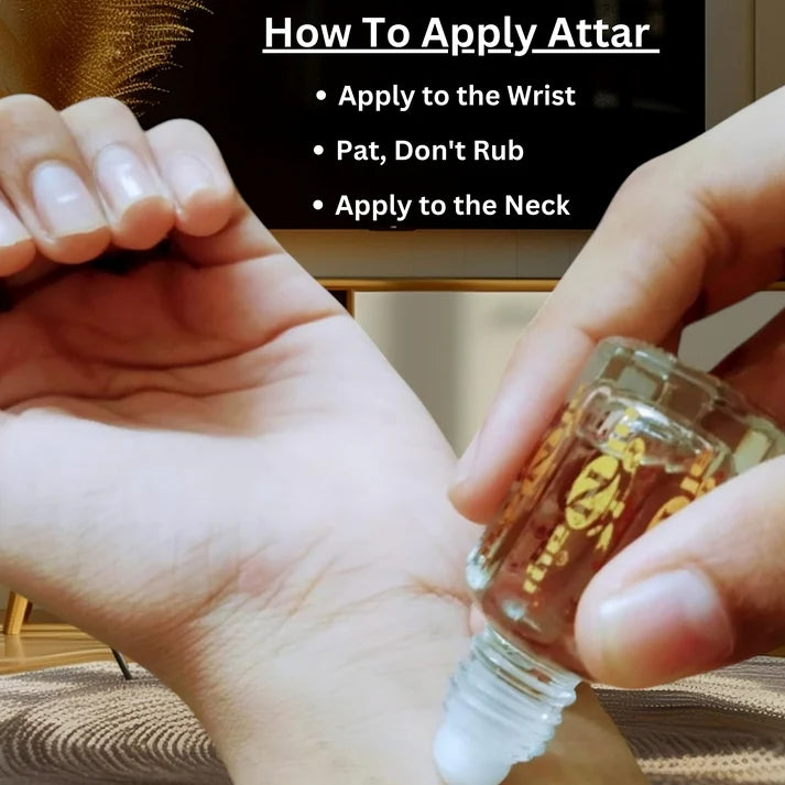Person applying attar to wrist with text on how to apply