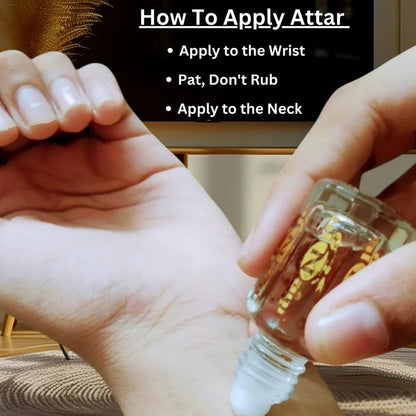 Person applying attar to wrist with text on how to apply