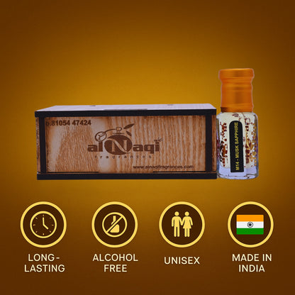 Al Naqi perfume bottle and packaging on a yellow background with product features displayed.
