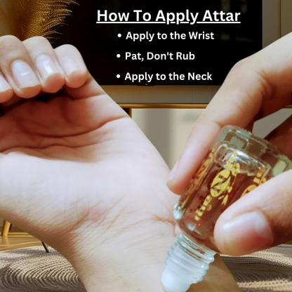 Person applying attar to wrist with text on how to apply