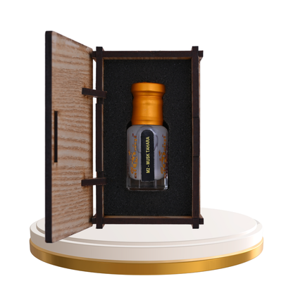 Perfume bottle in a wooden display case on a white background