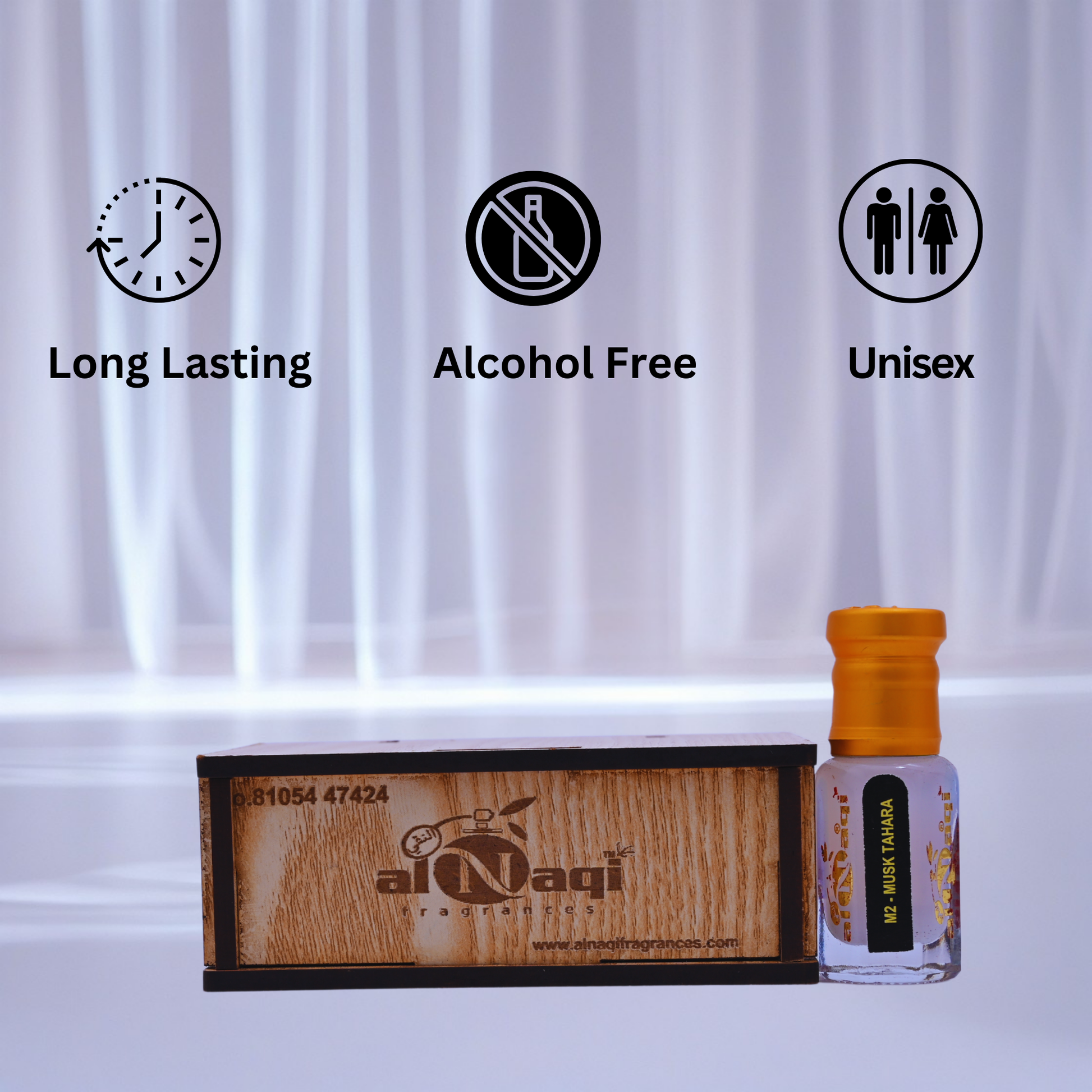 Alcohol-free unisex perfume bottle with wooden box on a white background