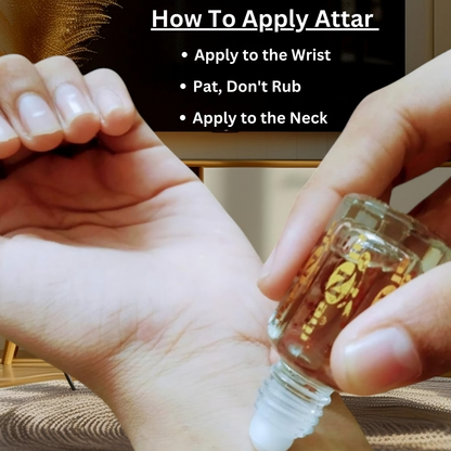 Person applying attar to wrist with text on how to apply