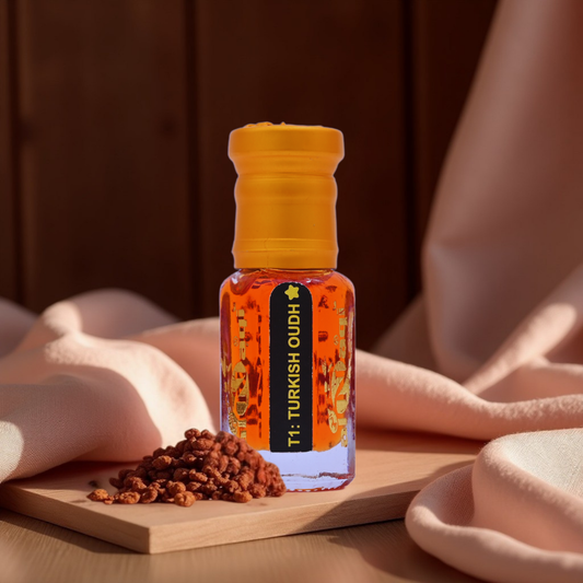 Bottle of Turkish Oudh with spices on a wooden board